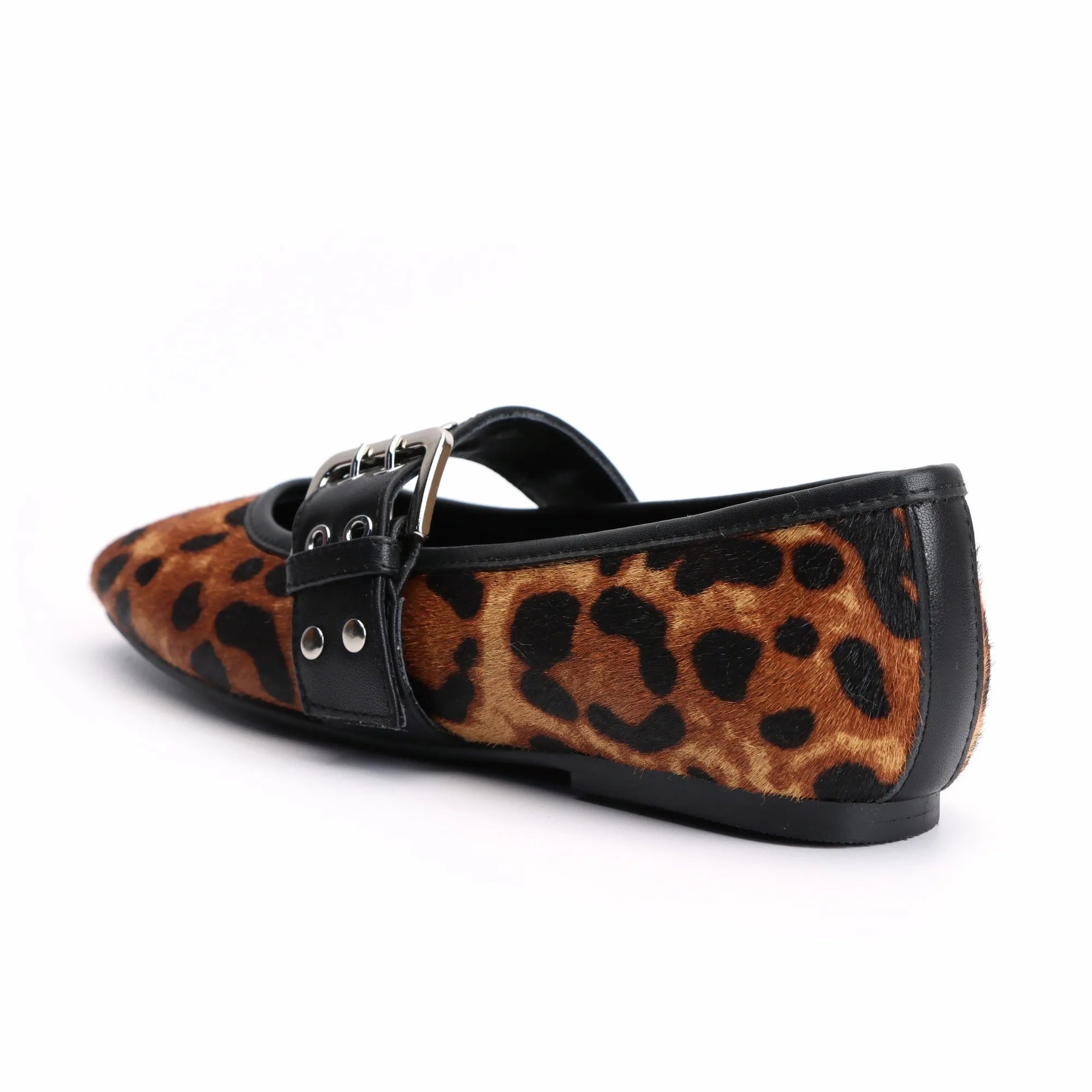 Women's Leopard Mary Jane Ballet Flats Square Toe,Adjustable Buckle Strap, Memory Foam Comfort,Calf Hair Dress Shoes