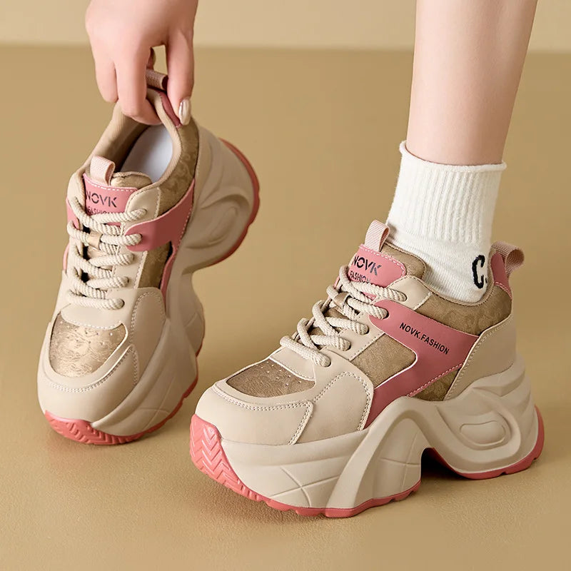 Fujin 9cm Genuine Leather Women Casual Shoes Chunky Sneakers Skateboard Vulcanize Lady Comfy White Platform Wedge Hidden Heel