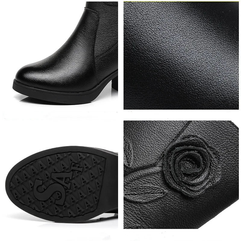 WOIZGIC Femmes Dames Mère En Cuir Véritable Bottes Mi-mollet Chaussures Fourrure Chaude Peluche Hiver Fermeture Éclair Fleur Trajet Antidérapant