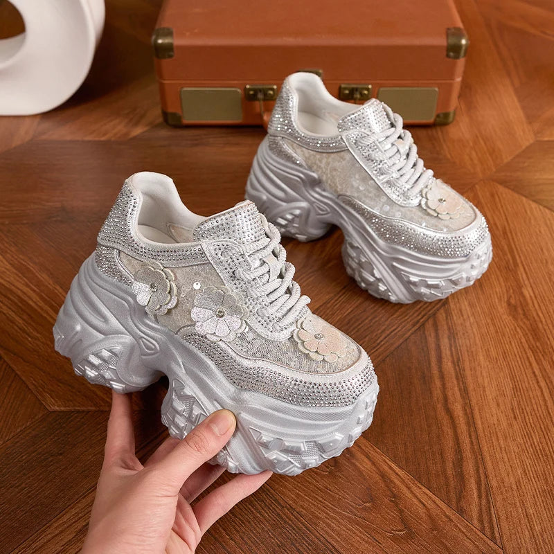 AUTUSPIN 10cm Lace Shoes for Women High Platform Wedged Casual Shoes Female Outdoor Crystal Shiny Comfy Chunky Footwear Woman