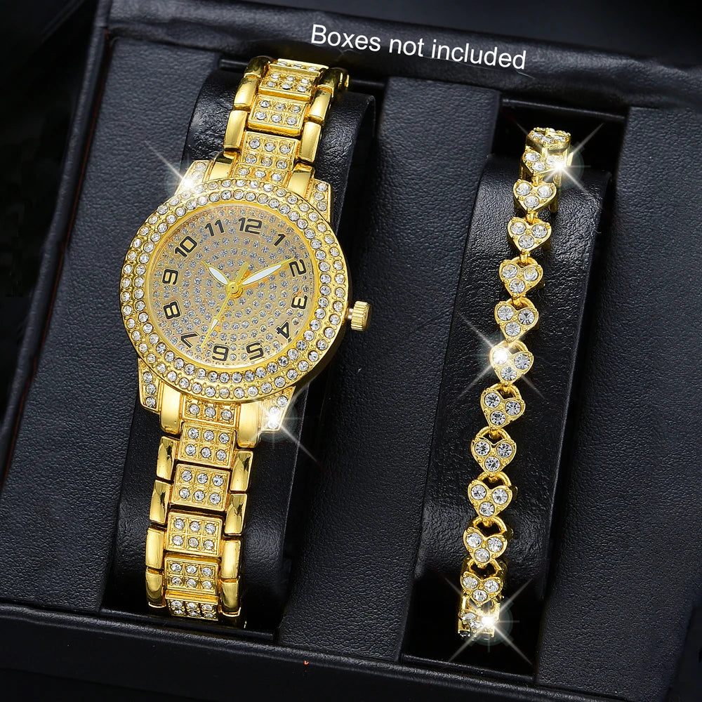 2PCS Luxury Women's Gold Watch Fashion Women's Quartz Heart Diamond WristWatch Elegant Women's Bracelet Watch Set Reloj Mujer