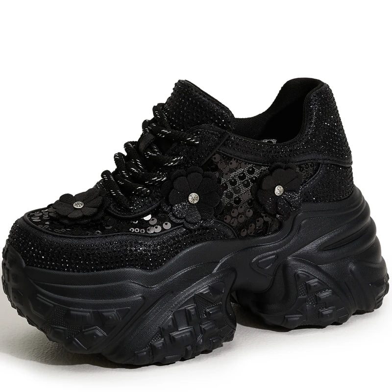 AUTUSPIN 10cm Lace Shoes for Women High Platform Wedged Casual Shoes Female Outdoor Crystal Shiny Comfy Chunky Footwear Woman