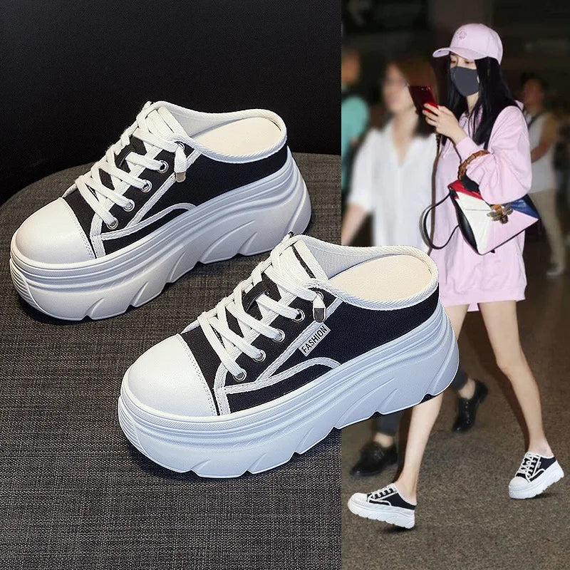 Fujin 9cm Canvas Genuine Leather Women Summer Shoes Wedge Sneakers Platform Slippers Shoes Slip on Sandals Slideds High Heel