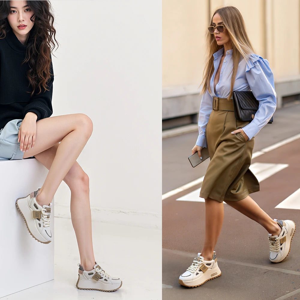 Fujin 3 inch 7cm Genuine Leather Comfy Breathable Hidden Heel Flats Skate Board Platform Wedge Sneakers Vulcanized Chunky Shoes