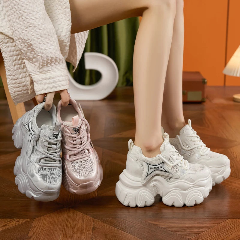 AUTUSPIN 10cm Pink Thick Soled Shoes for Summer Women Breathable Lace-up Ladies Sneakers Outdoor Casual Fashion Platform Shoes