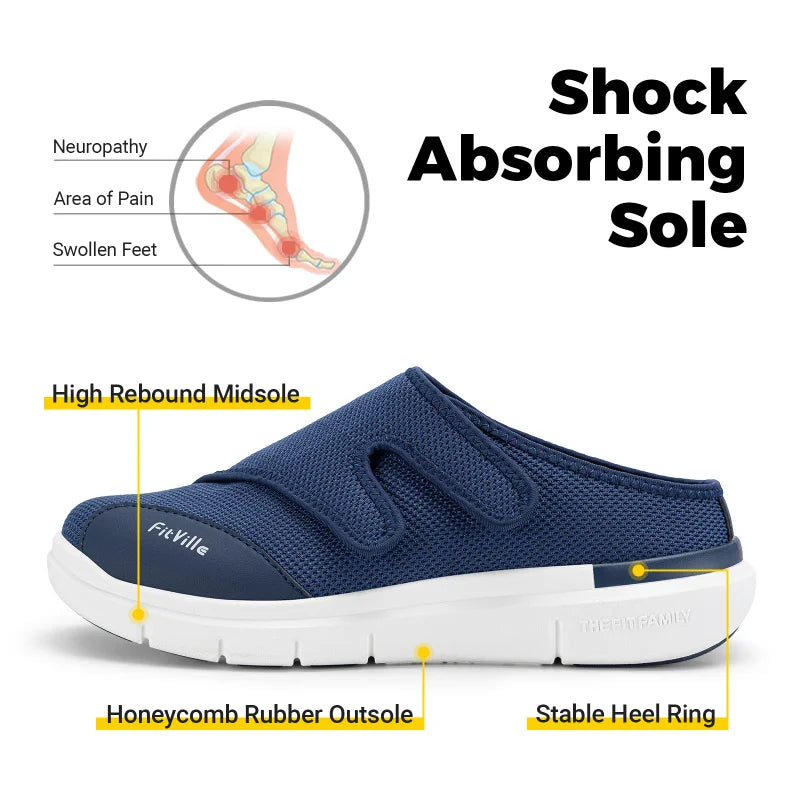 FitVille Men'S Half Slippers Diabetic Shoes Extra Wide 4E Adjustable Lightweight Casual Shoe For Swollen Feet Plantar Fasciitis