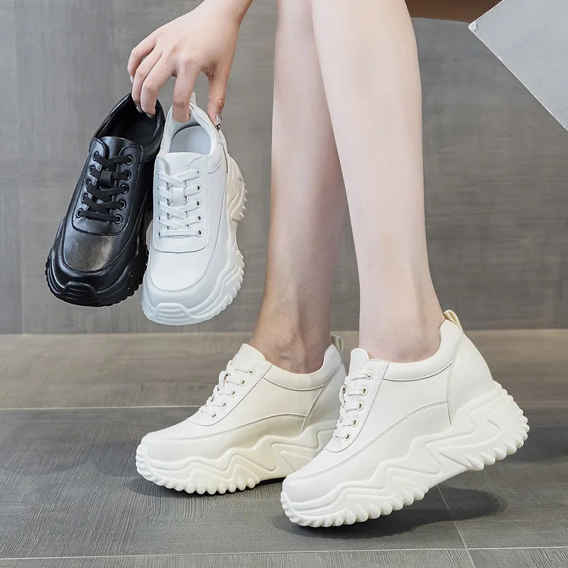DRKANOL Fashion Platform Casual Sneakers Women Real Cowhide Thick Sole Wedges Heel Height Increasing Solid Color White Shoes