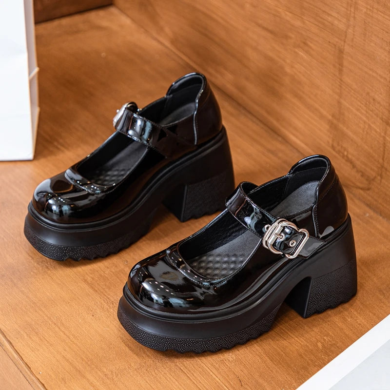 AUTUSPIN 10cm Chunky Heels Mary Janes Shoes Women Summer Autumn Buckle Pumps Female Students Party Wedding Platform High Heels