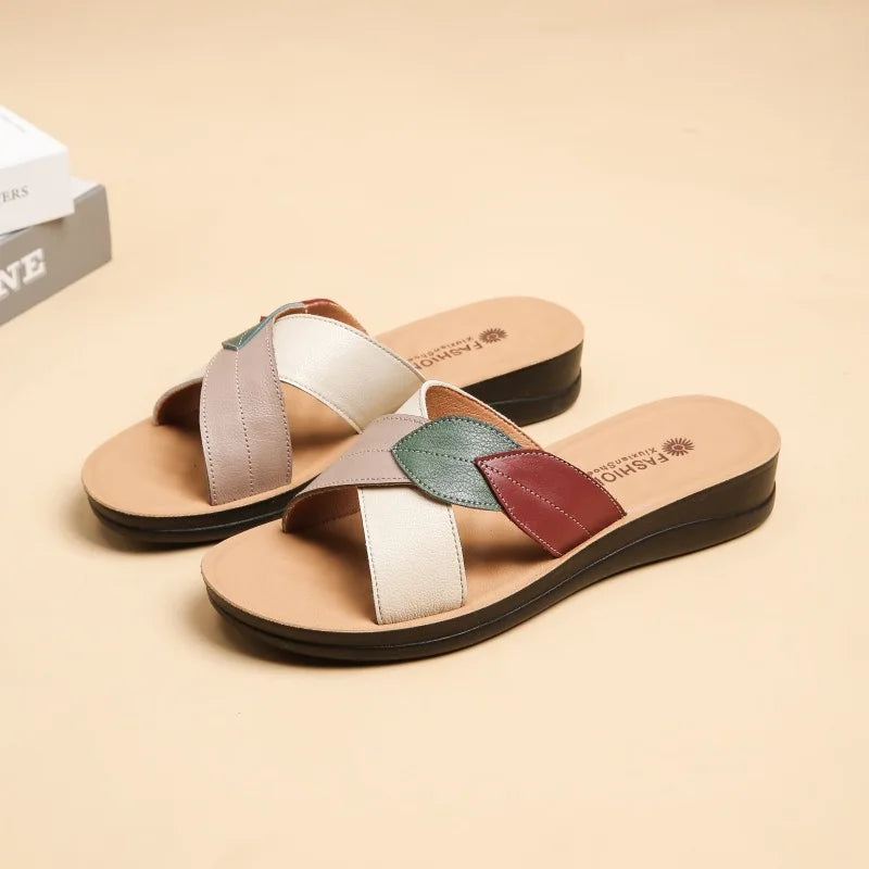 WOIZGIC Femmes Femmes Dames Mère Chaussures En Cuir Véritable Sandales Plateforme Pantoufle Été Cool Plage Doux Sans Lacet Extérieur