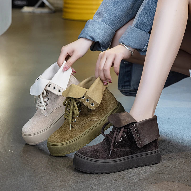 DRKANOL Women Flat Platform Ankle Boots Quality Cow Genuine Leather Round Toe Thick Sole Lace-Up Retro Style Casual Short Boots