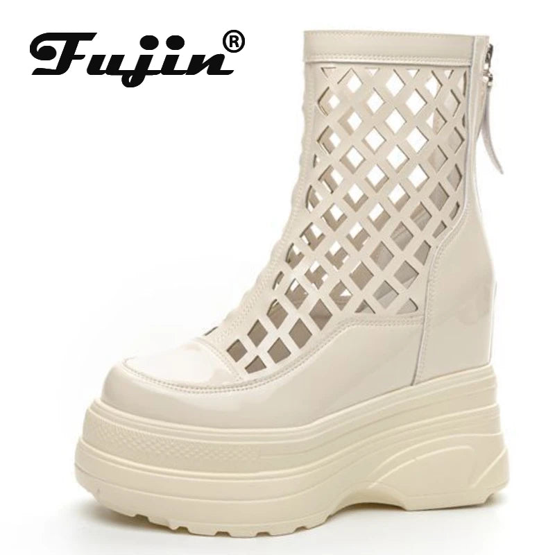 Fujin 11cm Hollow Patent Leather Summer Breathable Wedge Platform Wedge ZIP Fashion Sandals Casual Knee High Ankle Boots Shoes