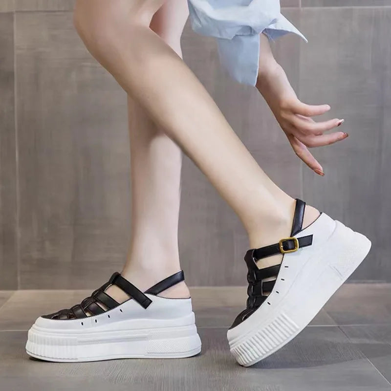 Fujin 8cm Platform Wedge Buckle Weave Sandals Ladies Shoes Women Moccasins Summer Retro British Natural Cow Genuine Leather