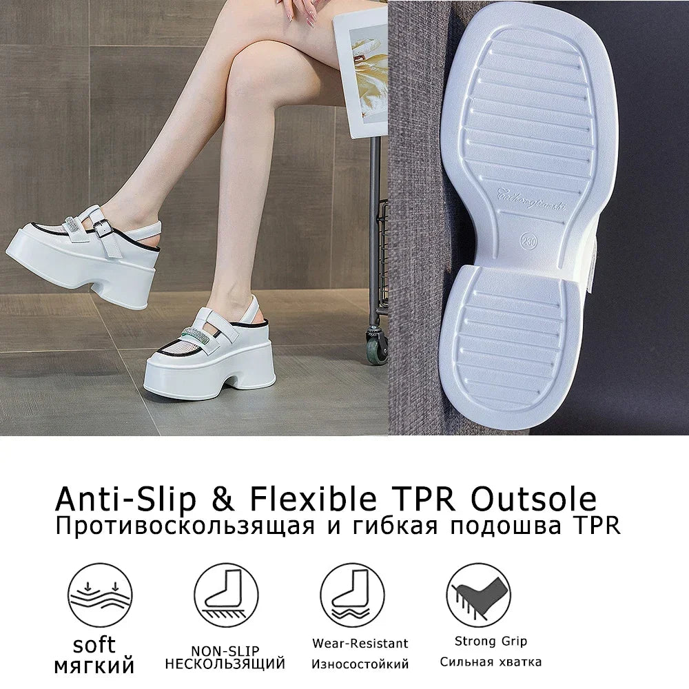 Fujin 11cm New Air Mesh Genuine Leather Platform Chunky Sneakers Women Sandals Casual Hollow Rhinestone Summer Slippers Shoes