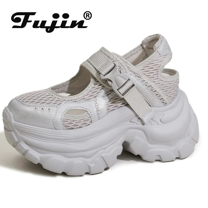 Fujin 9cm Air Mesh Microfiber Leather High Brand Comfy Platform Wedge Fashion Summer Chunky Sneaker Buckle Mary Jane Shoes Women