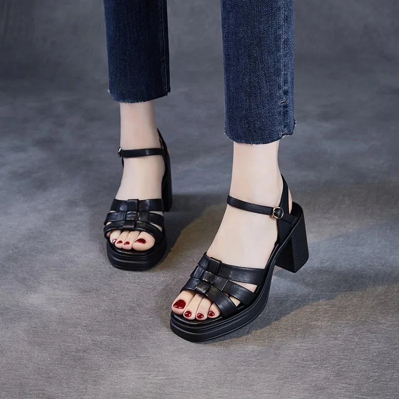 DRKANOL 2025 Fashion 8cm High Heel Sandals Women Genuine Cow Leather Weave Buckle Strap Open Toe Chunky Platform Casual Sandals