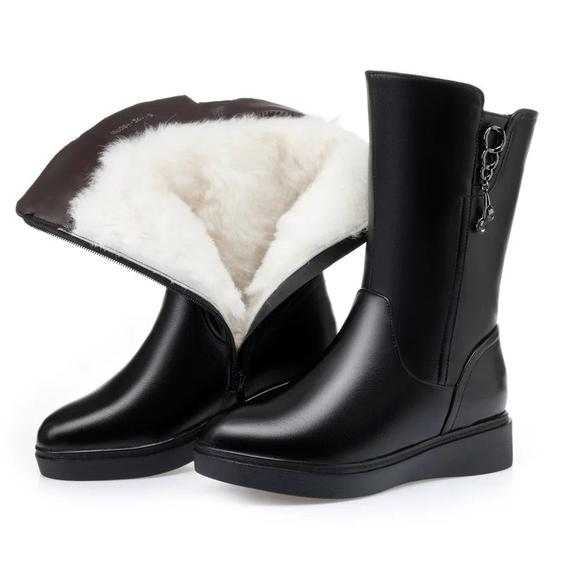 WOIZGIC Bottes mi-mollet pour femme, chaussures d'hiver en fourrure, laine, peluche, chaudes, fermeture éclair, cuir véritable, grande taille 42 43