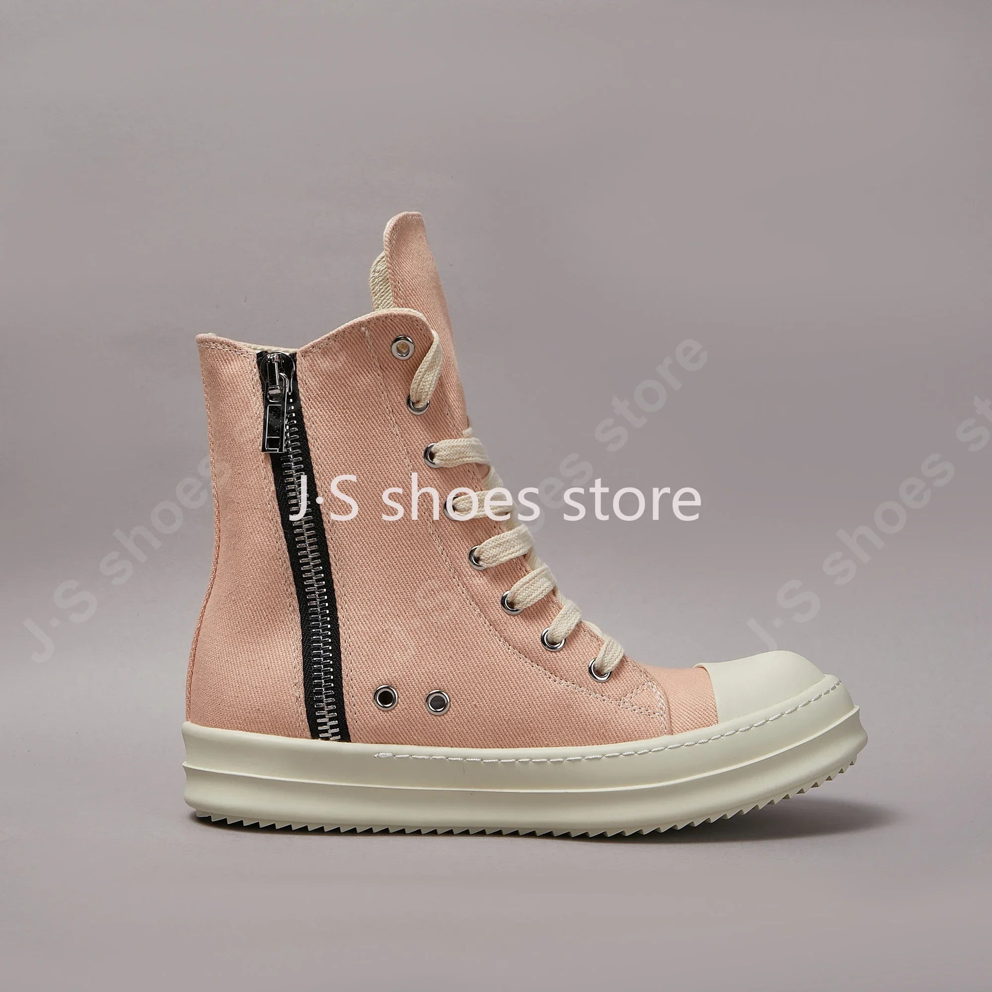 Ro Men Casual Shoe Women Pink Canvas Shoes High Top Sneaker Ankle Boot Zipper Thick Sole Flat Boots Luxury Sneakers