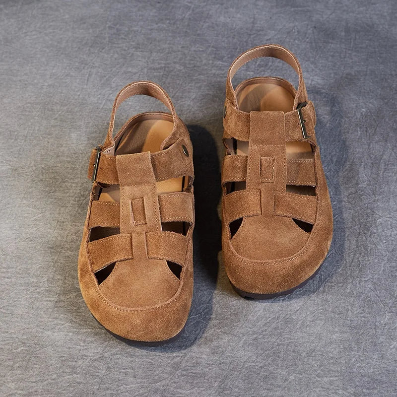 DRKANOL 2025 Fashion Women Sandals Summer Flat Shoes Quality Cow Suede Leather Round Toe Hollow Out Outside Casual Roman Sandals