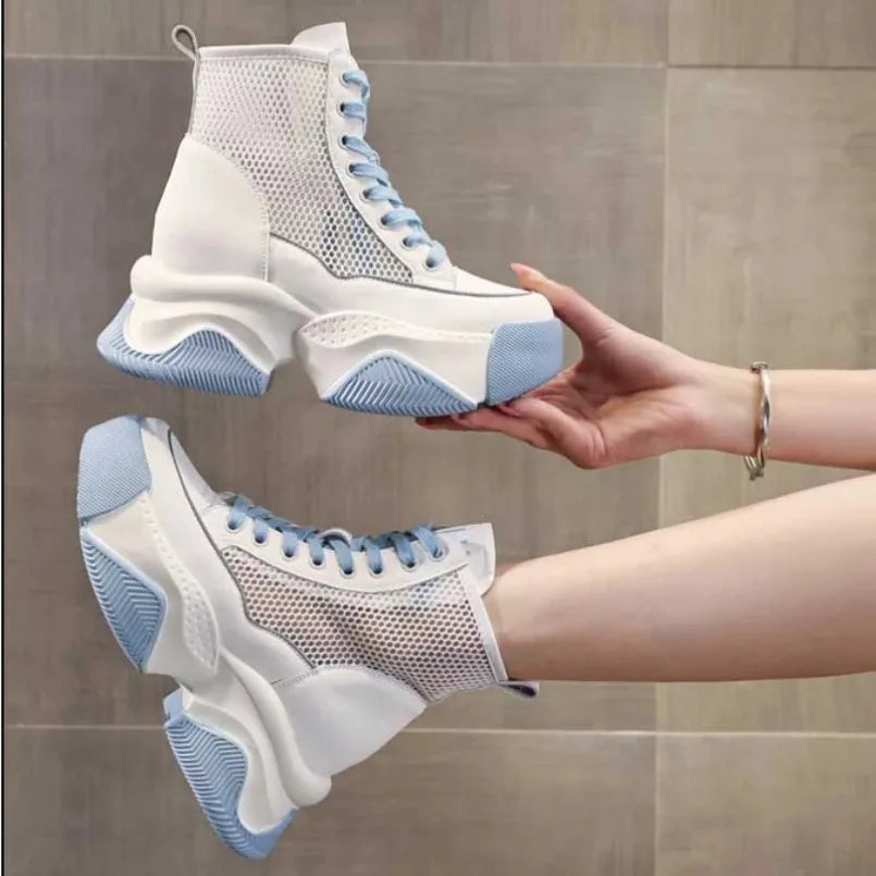 Fujin 8cm Women Breathable Platform Chimney Hollow Fashion Summer Shoes Air Mesh Genuine Leather Synthetic Mid Calf Ankle Boots