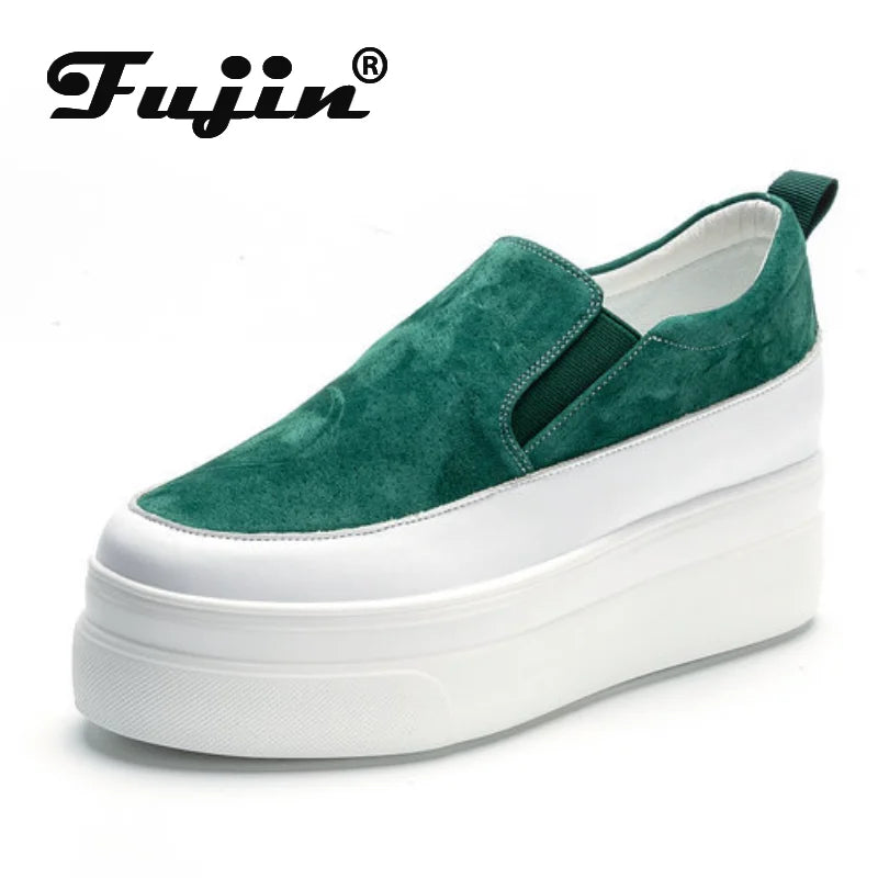 fujin genuine leather women shoes platform wedge sneakers chunky shoes slip on slipon women casual shoes slipony spring autumn