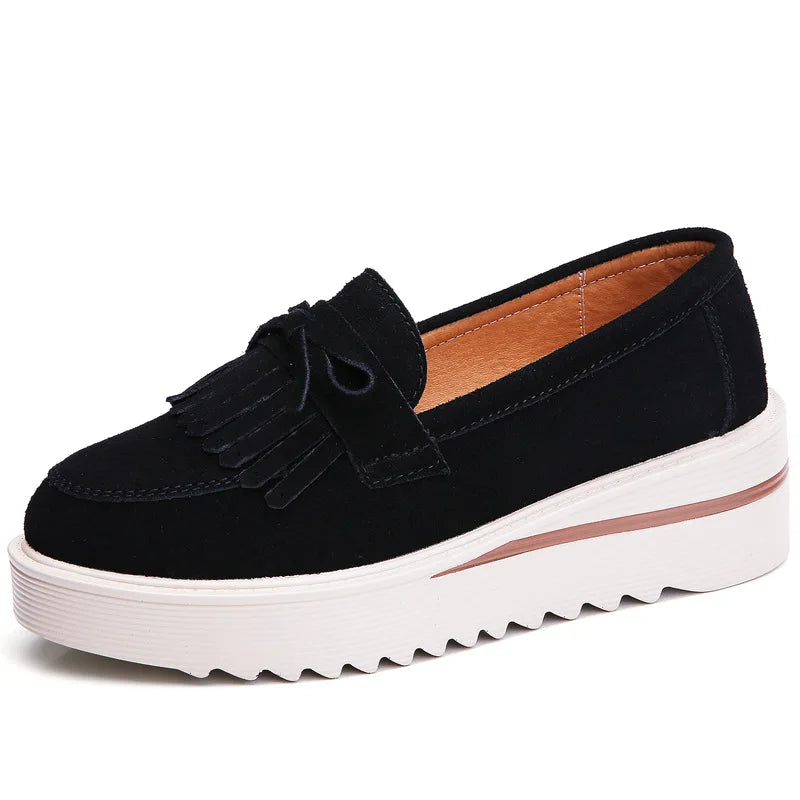WOIZGIC Women Female Ladies Mother Cow Suede Leather Shoes Platform Flats Fringe Non Slip On Autumn Nowknot Vulcanized Shoes