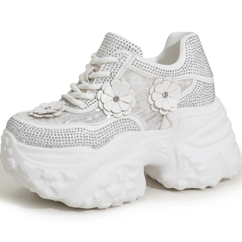 AUTUSPIN 10cm Lace Shoes for Women High Platform Wedged Casual Shoes Female Outdoor Crystal Shiny Comfy Chunky Footwear Woman