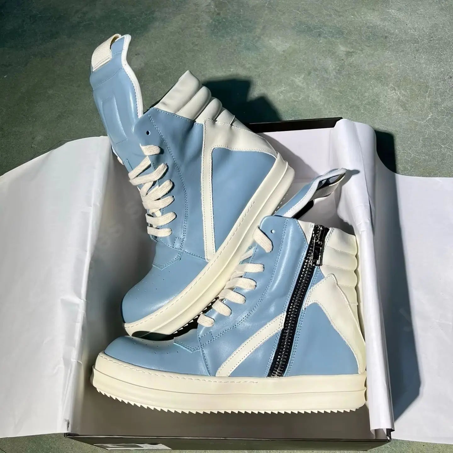 Brand Men Shoe R-o Wathet Blue Leather High Top Shoes Sneaker Women Boots Casual Shoes Zipper Geobasket Ankle Boot Sneakers