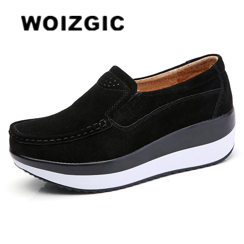 WOIZGIC Mocassins à plateforme en cuir véritable pour femme, chaussures plates, élégantes, à enfiler, en daim de vache, PX-3213