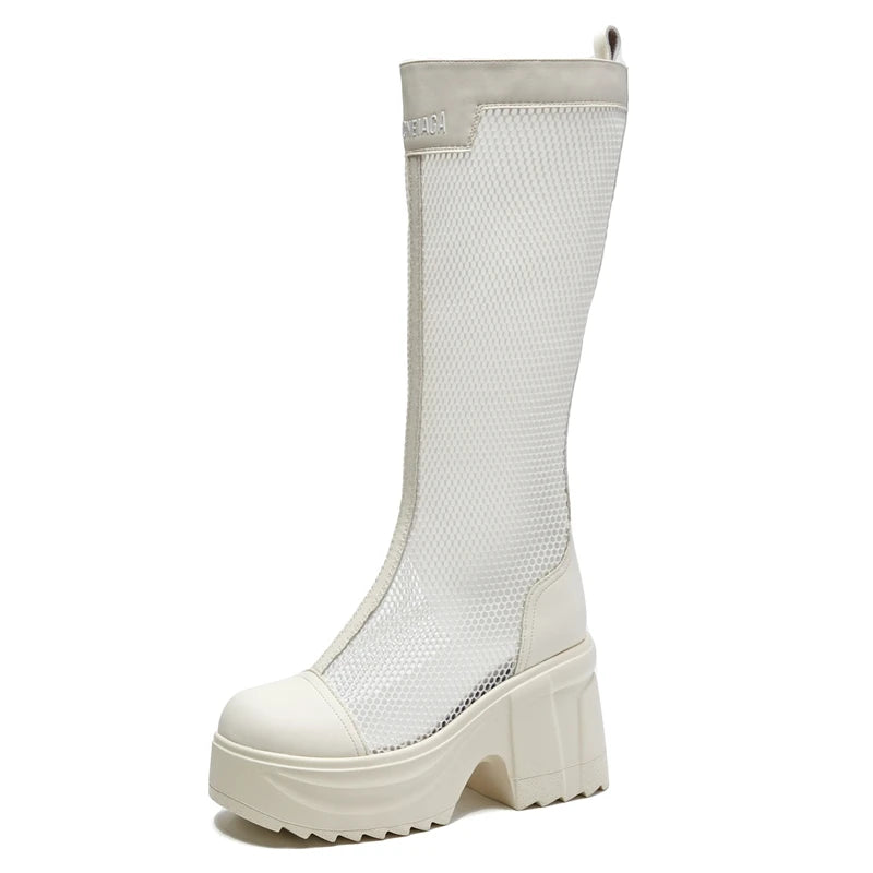Autuspin 10cm High Platform Women Long Boots Summer Autumn Breathable Air Mesh Knee-high Boot Ladies Thick Heels Woman Fashion