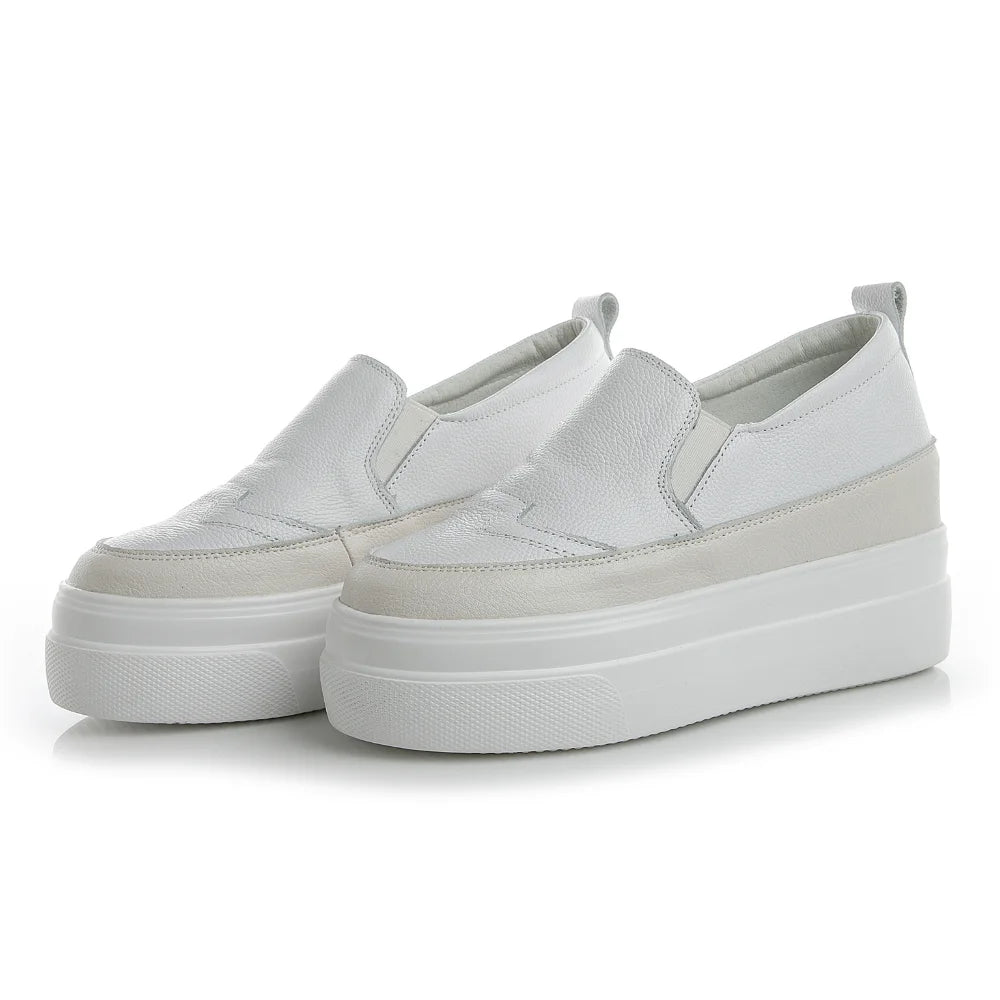 Fujin Genuine Leather Cow 7cm Platform Wedge Women Shoes Chunky Sneakers Slip on Hidden Heel Waterproof Women Vulcanized Shoes