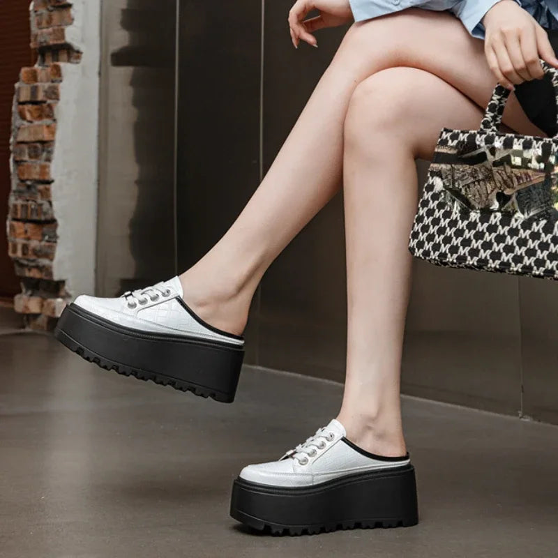 Fujin 8cm 2024 Patent Microfiber Leather Women Slipper Sandals Shoes High Brand Fashion Platform Wedge Flats Summer Lace Up