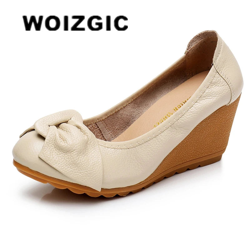 WOIZGIC Chaussures plates en cuir véritable pour femmes, talons hauts, à enfiler, nœud papillon, pointures 34 à 40, ZBM-A08