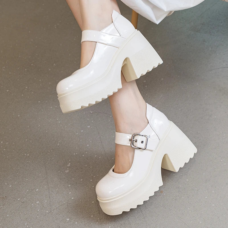 AUTUSPIN 10cm Chunky Heels Mary Janes Shoes Women Summer Autumn Buckle Pumps Female Students Party Wedding Platform High Heels