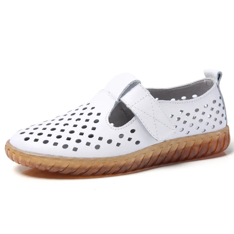 WOIZGIC Women's Mother Female Genuine Leather White Shoes Sandals Loafers Moccasins Hook Loop Outdoor Cool Beach Summer Hollow