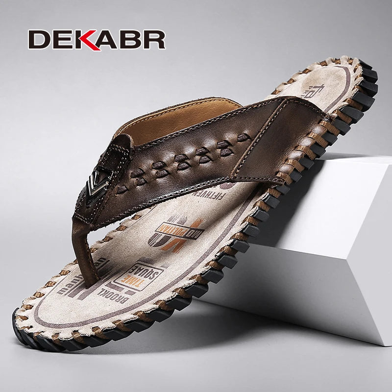 DEKABR Men's Flip Flops Fashion Genuine Leather Sweat-Absorbent Breathable Wear-Resistant Non-Slip Shoes Large Size 38-48