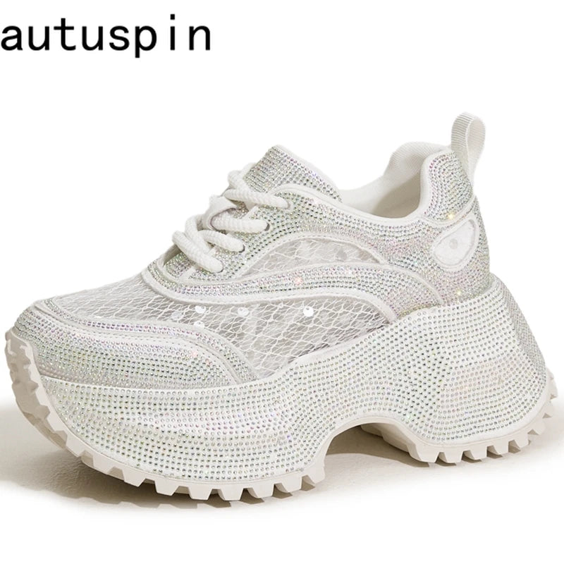 AUTUSPIN 7.5cm Thick Soled Women Shoes Summer Fashion Lace Spilcing Leather Chunky Sneakers Street Style Tide Crystal Shoes