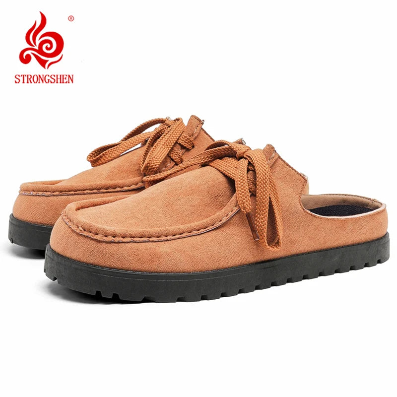 STRONGSHEN Summer Half Slippers For Man Original Suede Loafers Men Designer Shoes Lace-up Flat Casual Shoes zapatos de hombre