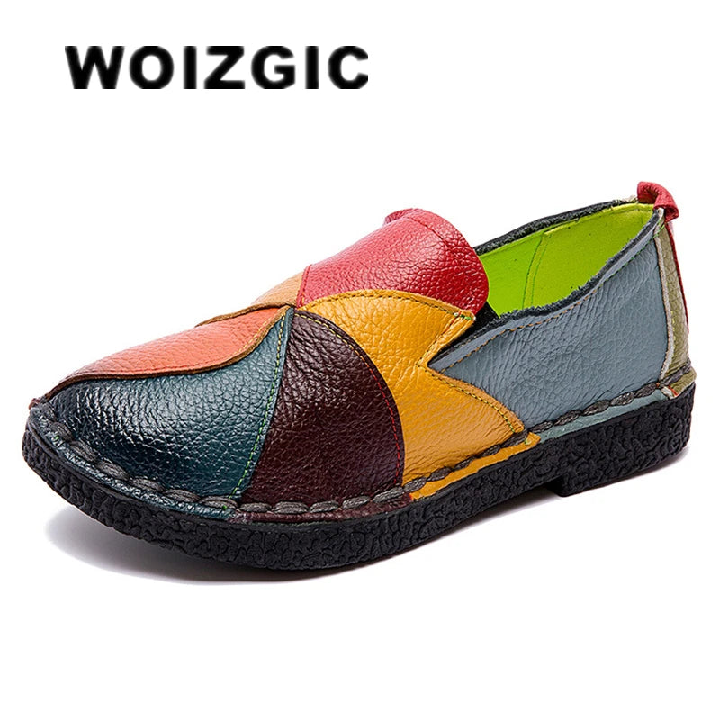 WOIZGIC Femmes Dames Femmes Mère Chaussures En Cuir Véritable Appartements Mocassins De Créateur Mocassins À Enfiler Coloré Grande Taille 41 42