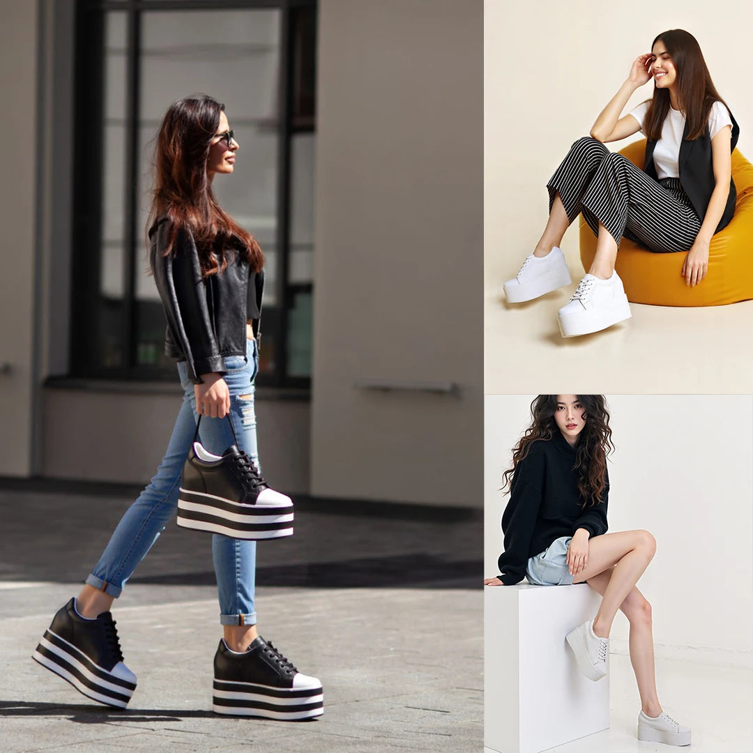 Fujin 12cm Genuine Leather Synthetic Women Autumn Spring Platform Wedge Women Fashion Sneakers Chunky Shoes Vulcanize Skateboard