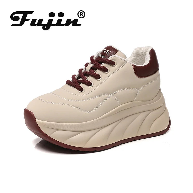 Fujin 8cm Genuine Leather Chunky Sneakers for Women Platform Sneakers Heel Wedge Women Casual Shoes  Slip on Female Summer Shoes