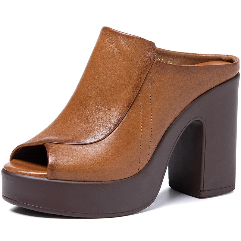 Fujin 10.5cm 2025 Cow Genuine Leather Synthetic Summer Chunky Heels Mary Jane Slip on Peep Toe Breathable Pumps Shoes