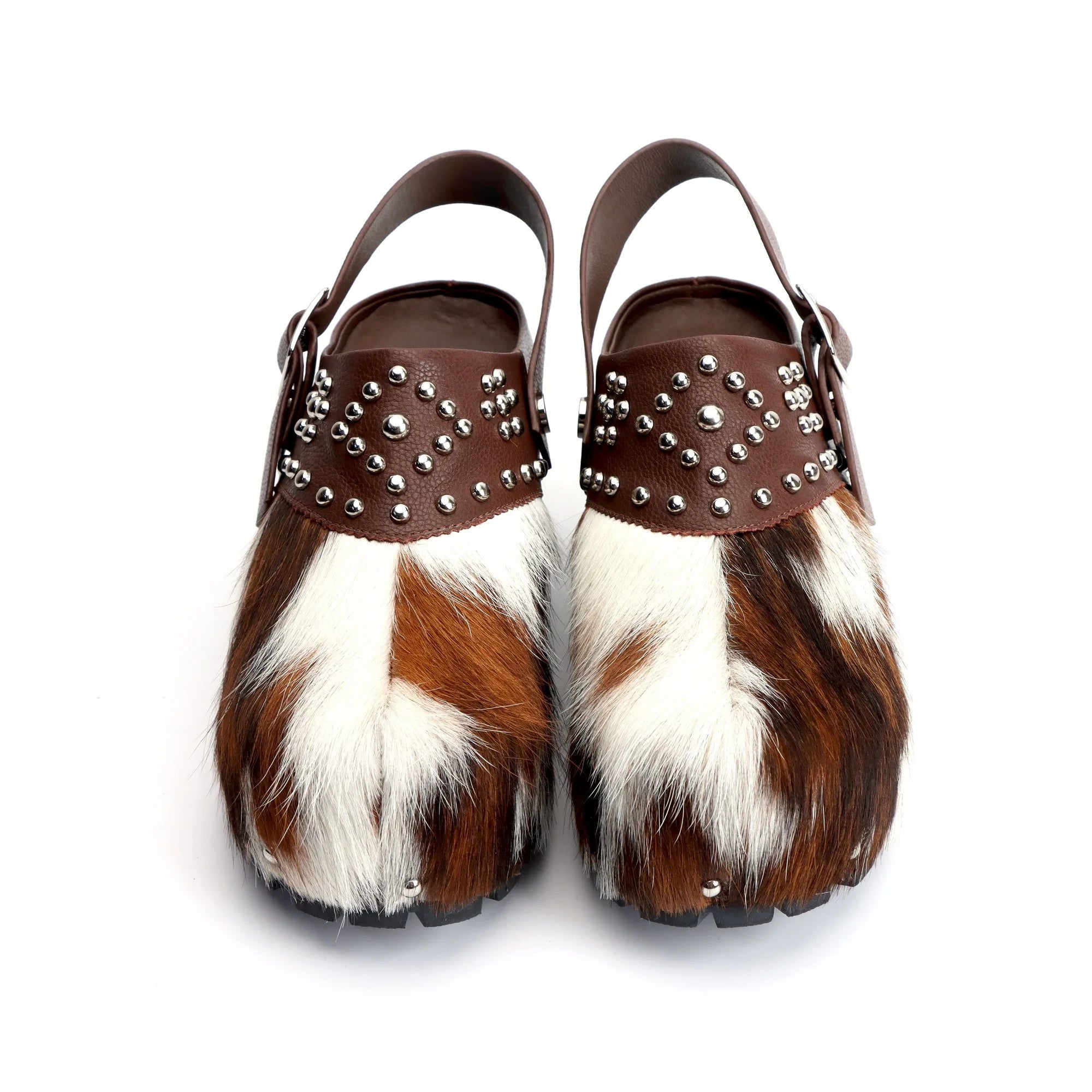 Handmade Designer Luxury Studded Platform Clogs with Natural Calf Hair and Leather Lining, Memory Foam Arch Support for All-Day