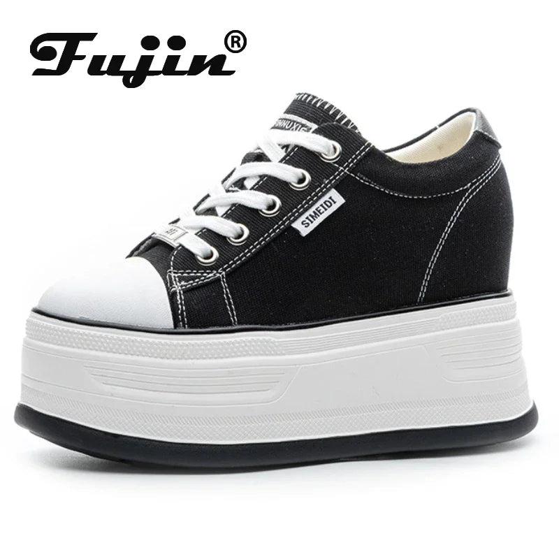 Fujin 12cm Denim Cow Genuine Leather Platform Wedge Shoes Chunky Sneaker Casual Comfy High Brand Rhinestone Spring Autumn Shoes