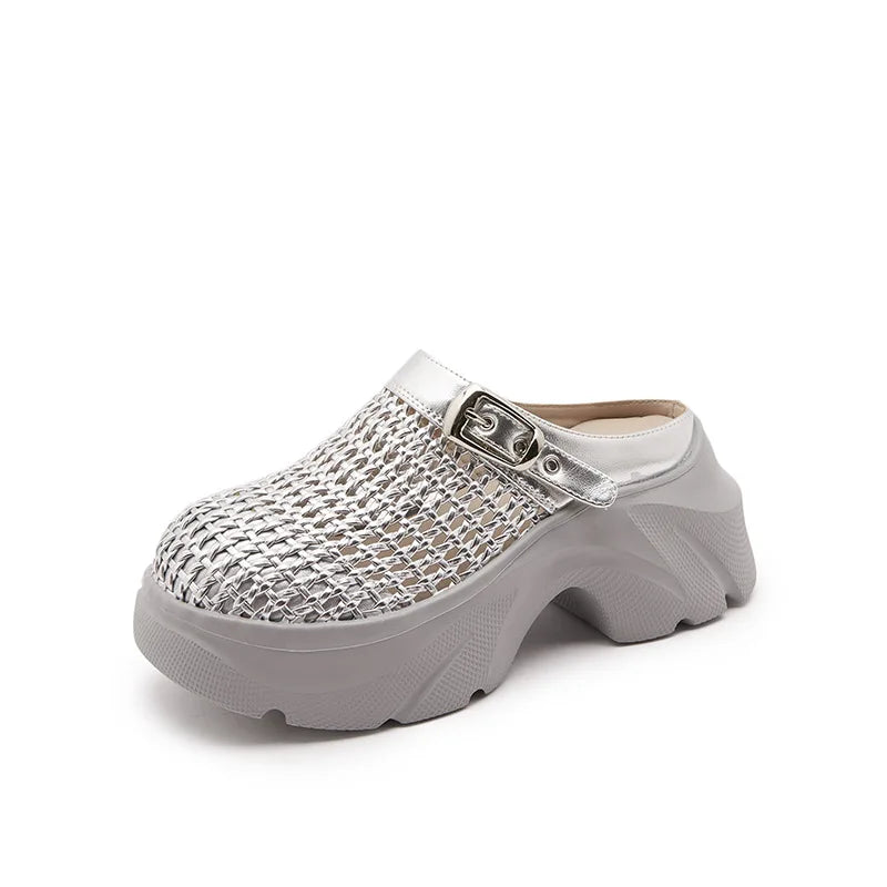 Fujin 7.5cm Microfiber Leather Platform Wedge High Brand Breathable Women Sandals Flats Round Toe Slipper Hollow Slip on Shoes