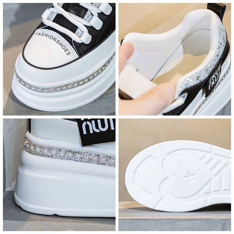 Fujin 7cm Genuine Leather Women Platform Wedge Autumn Spring Hidden Heels Women Vulcanized Bling Chunky Sneakers Casual Shoes
