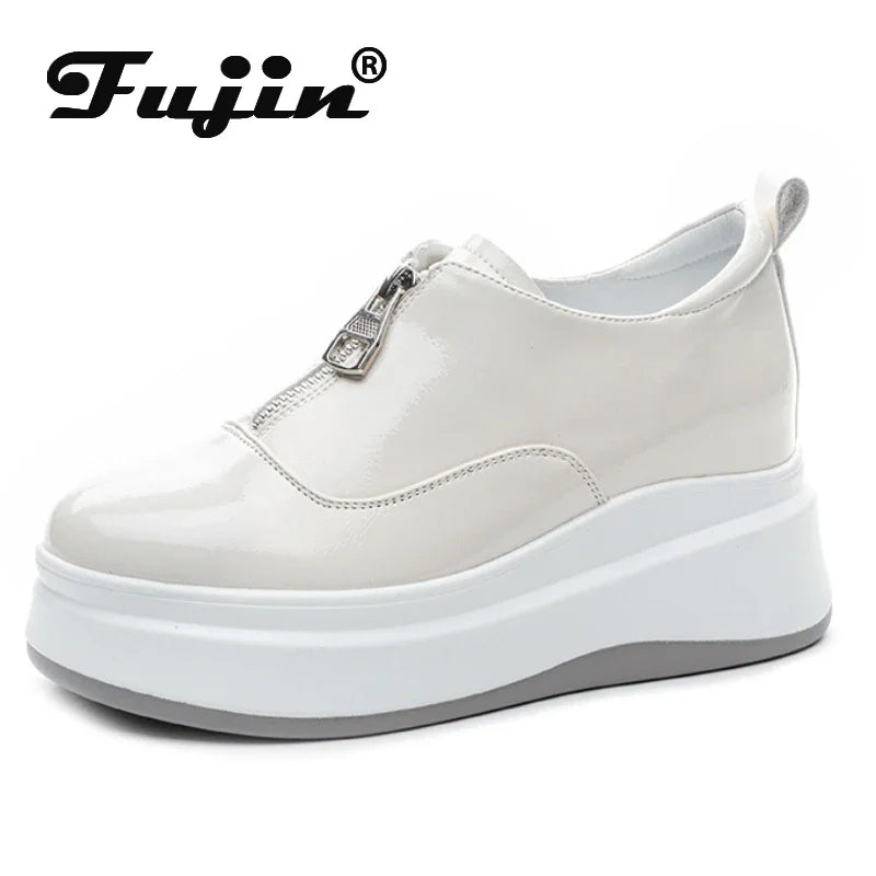 Fujin 7.5cm Patent Microfiber Leather Platform Wedge Comfy High Brand Spring Bao Toe Autumn Slippers Chunky Sneaker Casual Shoes