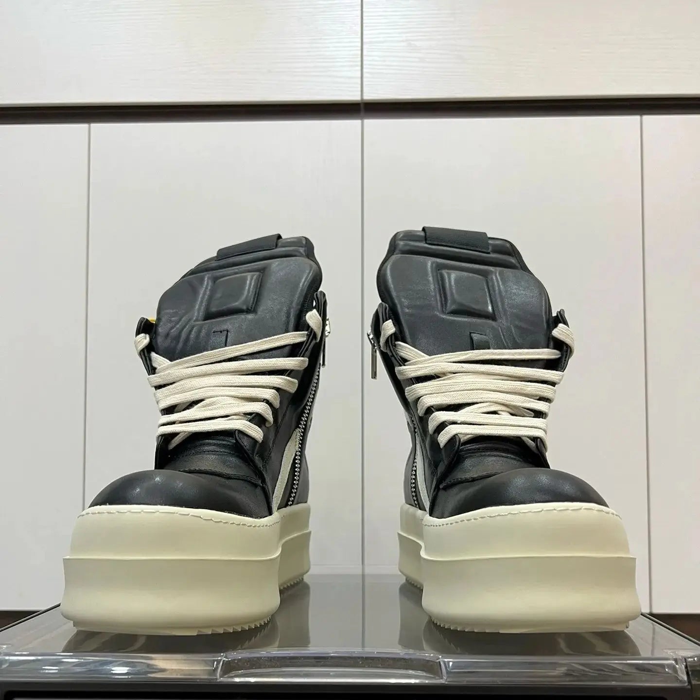 R-o Luxury Designer Men Shoe Women Sneaker Ankle Boot High Top Casual Shoes Black Leather Zipper 6cm Thick Sole Sneakers Boots