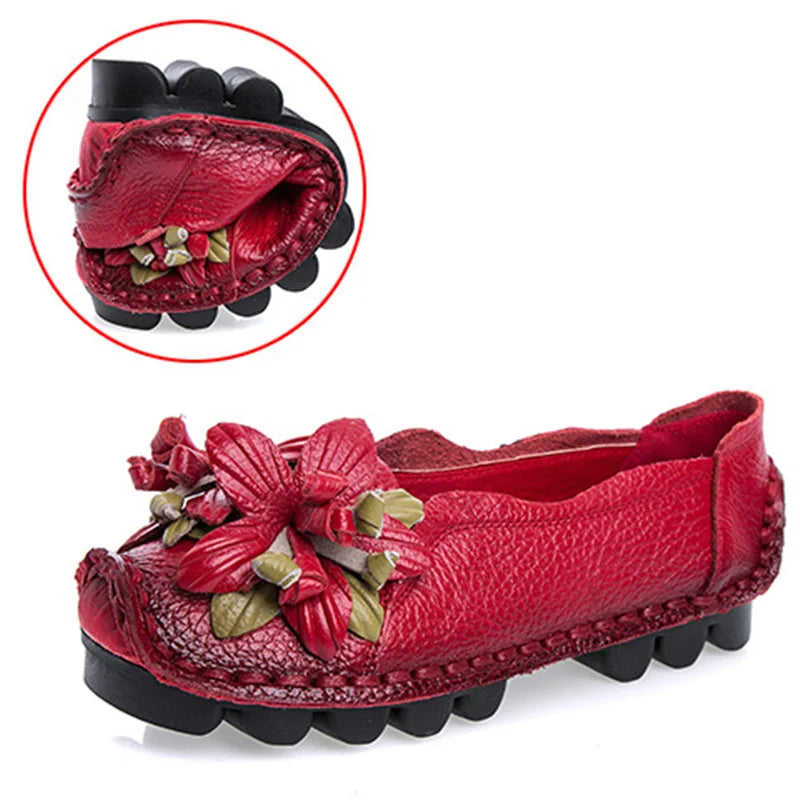 WOIZGIC Women Female Mother Ladies Genuine Leather Shoes Flats Loafers Non Slip On Flowers Retro Moccasins Plus Size 41 42