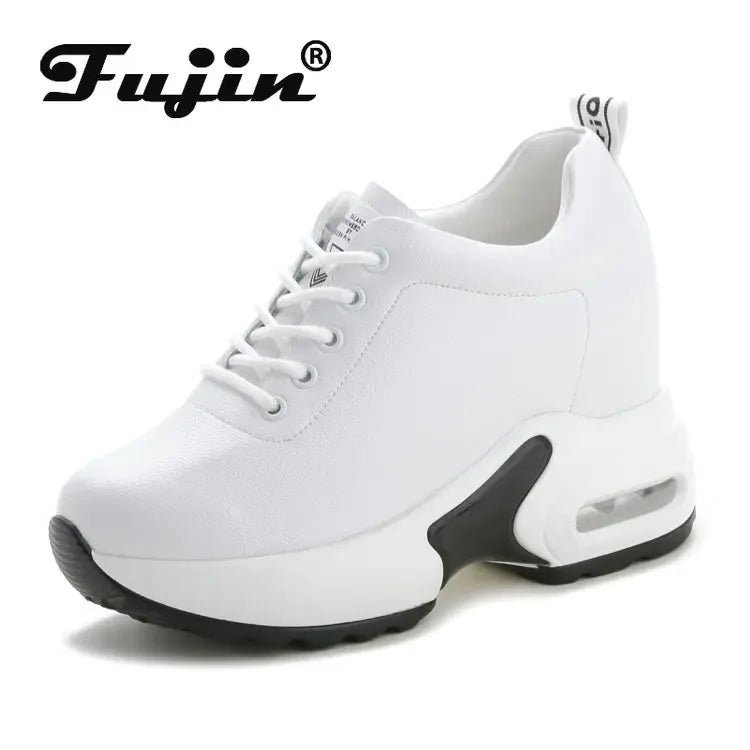 Fujin 8cm Wedge Heel Platform Shoes Chunky Sneakers Hollow Breathable Women Summer Sneakers Pumps Shoes Microfiber Leather Shoes