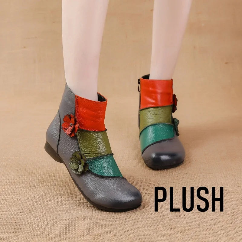 WOIZGIC Bottes en cuir véritable pour femmes, chaussures à la cheville, fermeture éclair, style ethnique, automne, fourrure en peluche, fleur chaude